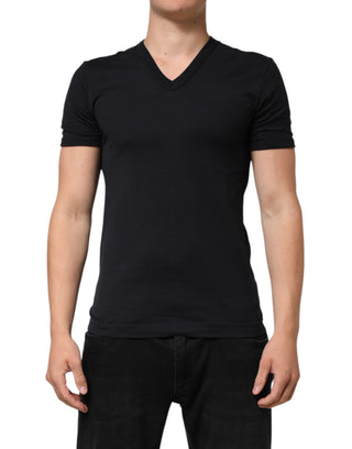 Schwarzes Baumwoll-Herren-T-Shirt mit V-Ausschnitt, einfarbig