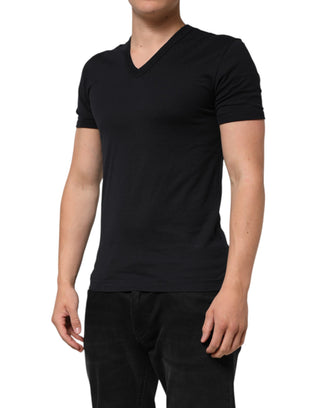 Schwarzes Baumwoll-Herren-T-Shirt mit V-Ausschnitt, einfarbig
