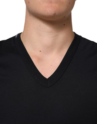 Schwarzes Baumwoll-Herren-T-Shirt mit V-Ausschnitt, einfarbig