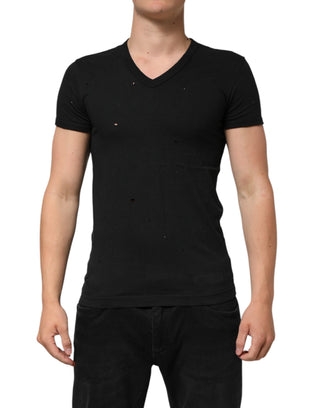 Schwarzes Baumwoll-T-Shirt mit zerrissenem Logo und V-Ausschnitt für Herren