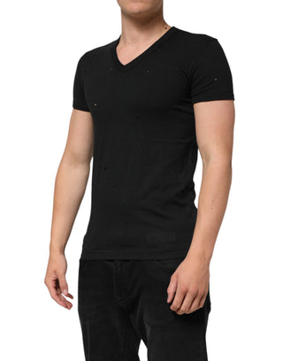 Schwarzes Baumwoll-T-Shirt mit zerrissenem Logo und V-Ausschnitt für Herren