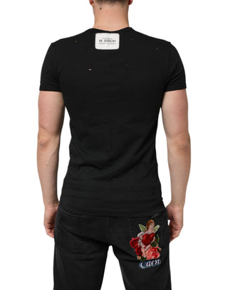 Schwarzes Baumwoll-T-Shirt mit zerrissenem Logo und V-Ausschnitt für Herren