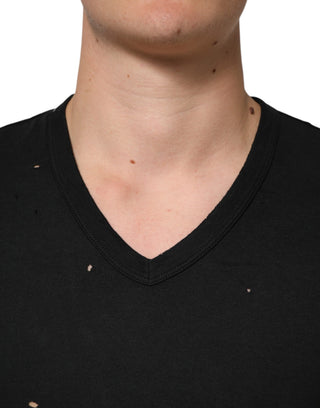 Schwarzes Baumwoll-T-Shirt mit zerrissenem Logo und V-Ausschnitt für Herren
