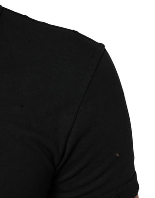 Schwarzes Baumwoll-T-Shirt mit zerrissenem Logo und V-Ausschnitt für Herren