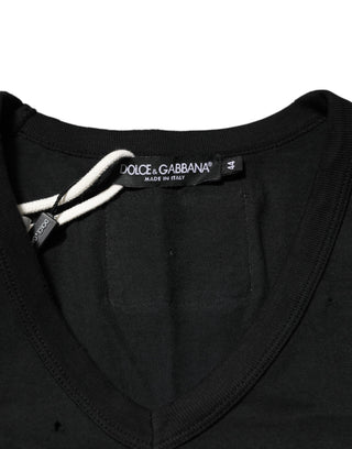 Schwarzes Baumwoll-T-Shirt mit zerrissenem Logo und V-Ausschnitt für Herren