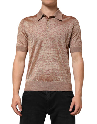 Brown Silk Textured Short Sleeve Polo T-shirt