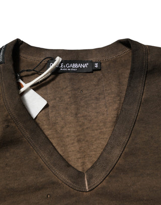 Dunkelbraunes Baumwoll-T-Shirt für Herren mit zerrissenem Logo