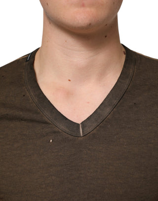 Dunkelbraunes Baumwoll-T-Shirt für Herren mit zerrissenem Logo