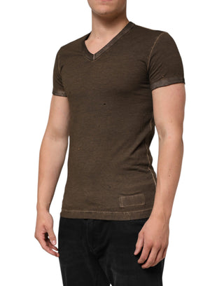 Dunkelbraunes Baumwoll-T-Shirt für Herren mit zerrissenem Logo