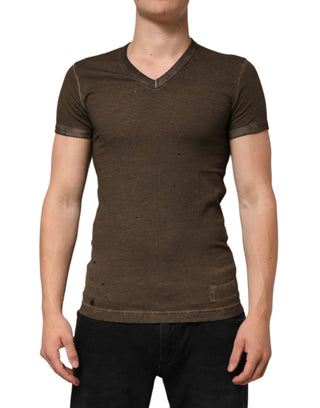 Dunkelbraunes Baumwoll-T-Shirt für Herren mit zerrissenem Logo