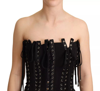 Schwarzes ärmelloses Bodycon-Kleid aus Cady mit Schnürung