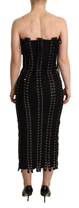 Schwarzes ärmelloses Bodycon-Kleid aus Cady mit Schnürung