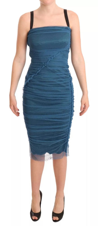 Vestido tubo azul con tul fruncido y ribete de malla