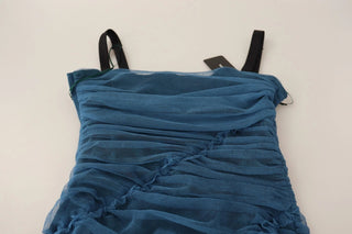 Vestido tubo azul con tul fruncido y ribete de malla