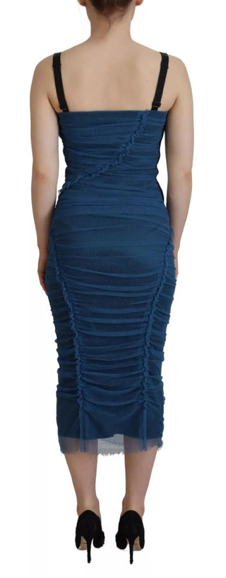 Vestido tubo azul con tul fruncido y ribete de malla