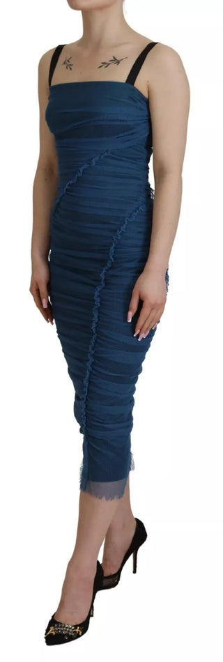 Vestido tubo azul con tul fruncido y ribete de malla
