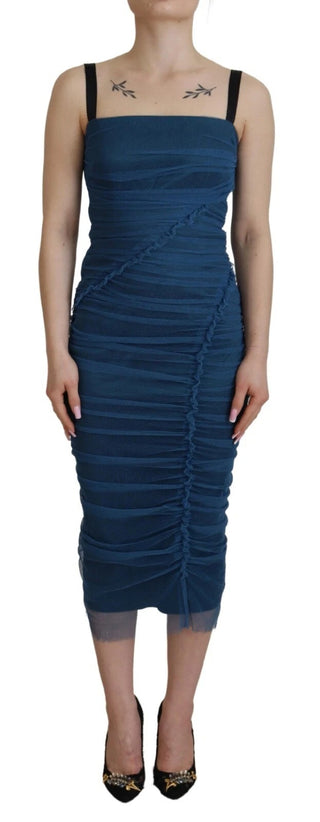 Vestido tubo azul con tul fruncido y ribete de malla