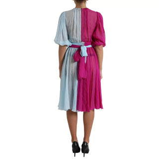 Hellblaues Seiden-Midikleid, zweifarbig