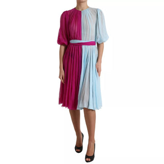 Hellblaues Seiden-Midikleid, zweifarbig
