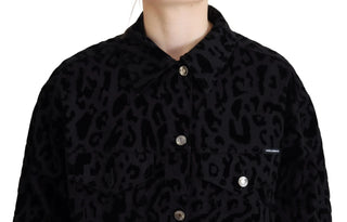 Cotton Black Leopard Long Sleeve Denim Jacket