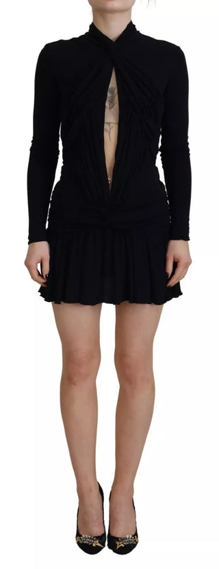 Schwarzes Viskose-Langarm-Minikleid mit Cut-Outs