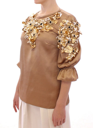 Blusa especial dorada con cristales para pasarela