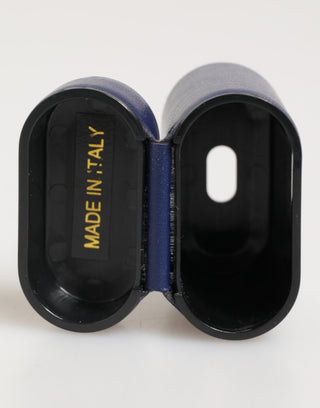 Blaues Airpods Case aus Leder mit Logo-Print und Flip-Halter für Herren