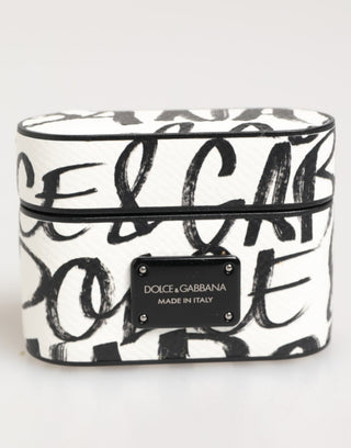 Funda para Airpods con logo impreso en monograma de cuero blanco y negro