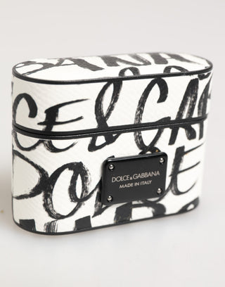 Funda para Airpods con logo impreso en monograma de cuero blanco y negro