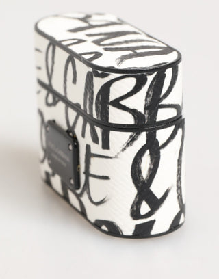 Funda para Airpods con logo impreso en monograma de cuero blanco y negro
