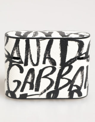 Funda para Airpods con logo impreso en monograma de cuero blanco y negro