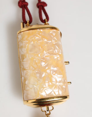 Anhänger aus weißem Perlmutt-Harz mit goldfarbenem Metall und roter Quaste für Taschen
