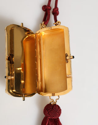 Anhänger aus weißem Perlmutt-Harz mit goldfarbenem Metall und roter Quaste für Taschen