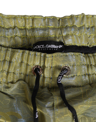 Green Polyester Metallic Logo Print Men Swimwear