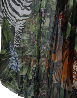 Vestido largo para mujer con estampado de jungla multicolor en seda  