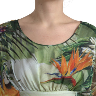 Vestido largo para mujer con estampado de jungla multicolor en seda  