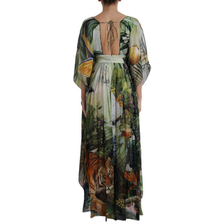 Vestido largo para mujer con estampado de jungla multicolor en seda  