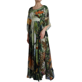 Vestido largo para mujer con estampado de jungla multicolor en seda  