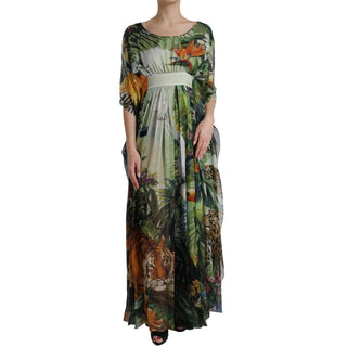 Vestido largo para mujer con estampado de jungla multicolor en seda  