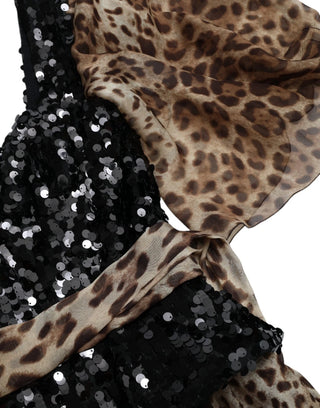 Maxikleid mit Leopardenprint aus Seide mit Pailletten und Rüschen
