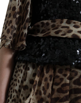 Maxikleid mit Leopardenprint aus Seide mit Pailletten und Rüschen