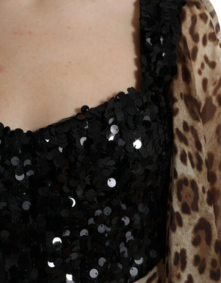Maxikleid mit Leopardenprint aus Seide mit Pailletten und Rüschen