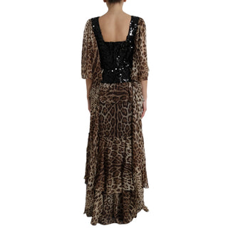 Maxikleid mit Leopardenprint aus Seide mit Pailletten und Rüschen
