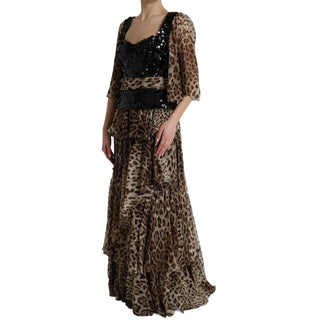 Maxikleid mit Leopardenprint aus Seide mit Pailletten und Rüschen