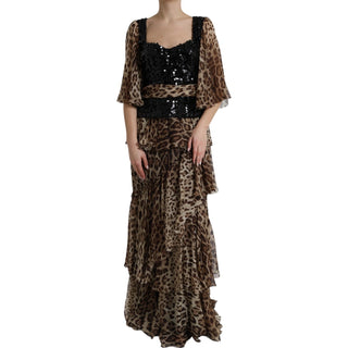 Maxikleid mit Leopardenprint aus Seide mit Pailletten und Rüschen