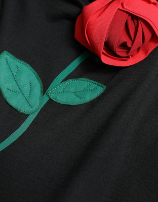 Schwarzes ärmelloses Wollkleid mit Rosenapplikation