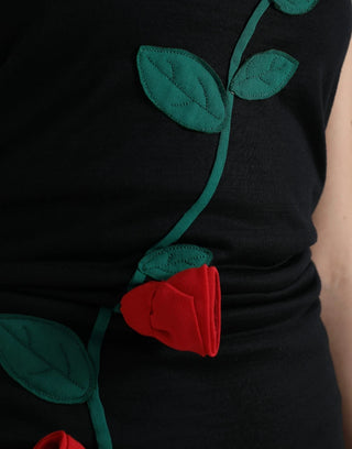 Schwarzes ärmelloses Wollkleid mit Rosenapplikation