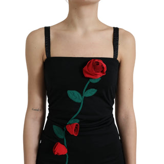 Schwarzes ärmelloses Wollkleid mit Rosenapplikation