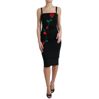 Schwarzes ärmelloses Wollkleid mit Rosenapplikation