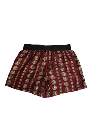 Burgundy Silk Coin Print Men Boxer Short Swimwear